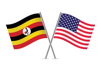 Uganda and America crossed flags. Ugandan and American flags, isolated on white background. Vector icon set. Vector illustration.