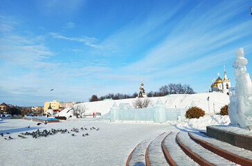Winter landscape in the city of Dmitrov under a blue sky