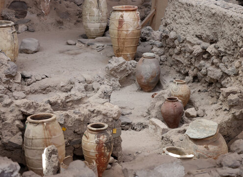  Recovered ancient pottery in prehistoric town of Akrotiri, excavation site of a Minoan Bronze Age settlement on the Greek island of Santorini
