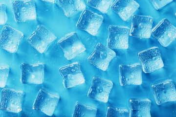 Many frosty and refreshing ice cubes with drops on a blue backgroun