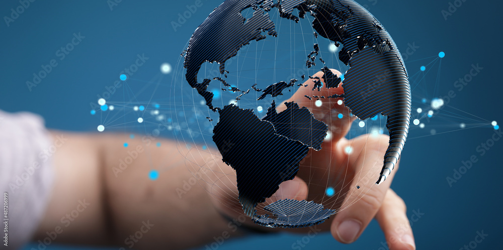 Poster Global telecommunication network around the World with connections between data centers or satellites. Planet Earth from space, concept for connected