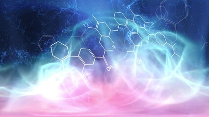 Abstract chemical hexagon bonds motion on foggy poisoned foggy light. Science animation background.