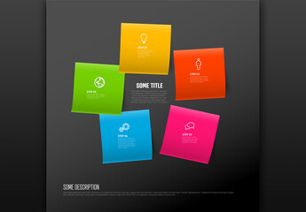Five Simple Vivid Sticky Paper Steps Process Infographic Layout on Dark Background