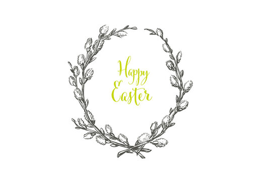 Happy Easter Hand Drawn Ink Card Layout with Catkin Spray Drawing