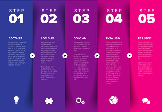 Five Purple Steps Progress Page Layout with Color Blocks
