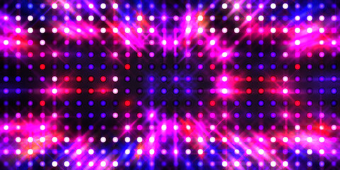 Shining lights party leds on black background. Digital illustration of stage or stadium spotlights. Glowing pattern wallpaper. Glamour background of colorful lights with spotlights.