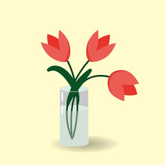 Vector flowers in glass vase. Beautiful spring bouquet. Cartoon illustration in flat style. Red tulips.