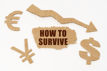On a white background, currency symbols, an arrow and a cardboard box with the inscription - HOW TO SURVIVE