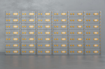 Realistic metal safe deposit boxes inside bank vault silver and gold colors. Concept for security and banking protection. 3d rendering illustration.