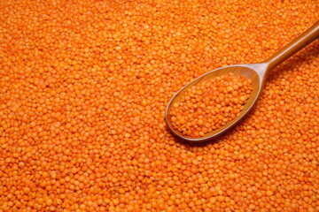Red lentils scattered close-up with a spoon.