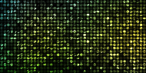 Shining lights party leds on black background. Digital illustration of stage or stadium spotlights. Glowing pattern wallpaper. Glamour background of colorful lights with spotlights.