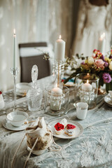 Dessert table. Sweet table decoration. Beautiful and modern design