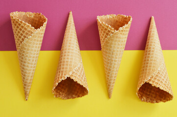 empty waffle cones, cups, on a bright background
