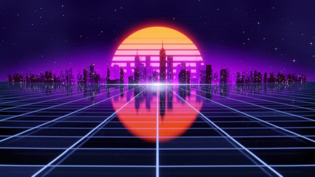 Retro-futuristic 80s style looping animation with night city background. Synthwave seamless loop cyberpunk cityscape for the music video.