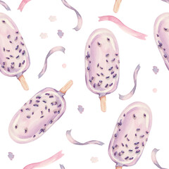 Watercolor ice cream pattern. Watercolor food illustration. Watercolor pastry. Ice cream seamless pattern. Summer design with sweet ice creams. Design for decoration, packing, gifts, fabric, banners