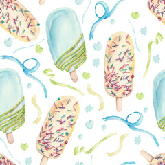 Naklejka premium Watercolor ice cream pattern. Watercolor food illustration. Watercolor ice creams. Sweet dessert. Colorful sweets. Ice creams pattern. Design for ice cream shop, cafe, menu, bakery, fabric, cards