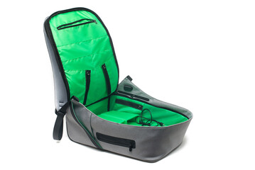 Open backpack on white background