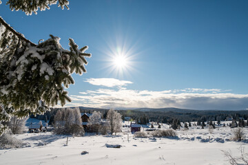 Winter and snow at Filipova Hut, sunny day at Sumava mountains