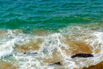 Big Mediterranean sea waves crushing on the rocky shore of Tel Aviv, Israel.