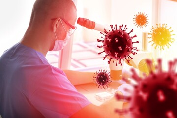 Omicron laboratory. Virologist is investigating COVID-19. Concept for development of vaccine,...