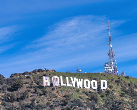 Los Angeles, CA, USA - February 14, 2022: Crews Change The Letters To The Iconic Hollywood Sign To Read ‘Rams House’ After The LA Rams Won Super Bowl LVI In Los Angeles, CA.