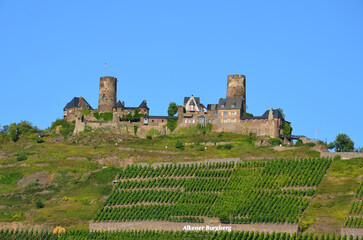 Fototapeta na wymiar The castle Thurant in Hunsrück on the Alkener castle mountain which is planted with grapes with blue sky