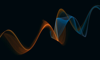 Conceptual digital orange blue 3d spring or stripe of sound wave, pulse of rhythm, acoustic mix, vibration. Blending fluid on black background. Great as cover print for electronics, poster, element.