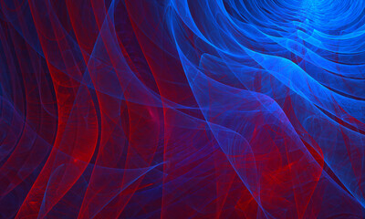 Vivid 3d artwork illustrating dynamic red blue pattern of fluid ribs, rhythm of translucent layers with neon folds, swirls, stains, membranes. Great as backdrop, cover print for electronics, poster.
