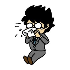 花粉症でくしゃみが止まらないサラリーマンのイラスト。