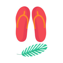 Beach slippers and a palm twig on a white background for website design