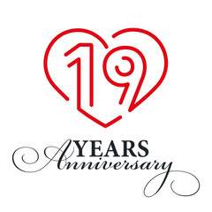 Obraz premium 19 years anniversary celebration number nineteen bounded by a loving heart red modern love line design logo icon white background