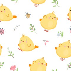 Cute baby pattern. Cheerful chickens. Print for children's clothing. Spring elements, lilies of the valley, leaves, willow, ladybugs.