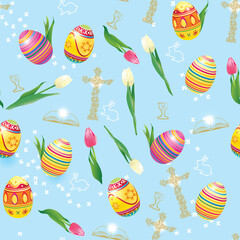 Spring Easter seamless pattern of religion holiday vector background. Easter eggs, bibles, crosses, bunnies or rabbits, tulips, religious backdrop