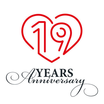 19 years anniversary celebration number nineteen bounded by a loving heart red modern love line design logo icon white background
