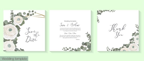Vector floral template for wedding invitation. White roses, ranunculus, eucalyptus, green plants and leaves.
