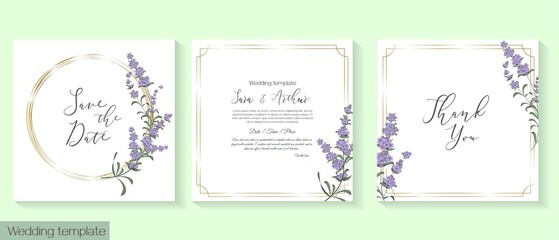 Fototapeta na wymiar Vector floral template for wedding invitation. Delicate lavender, golden frames