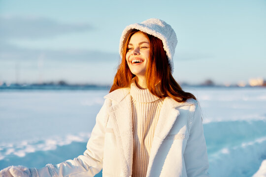 beautiful woman winter clothes walk snow cold vacation travel