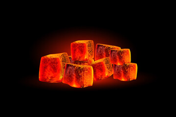 Realistic glowing coal design. Charcoal, for lighting a hookah, fireplace, barbecue. Vector illustration, banner design, hookah signage. 