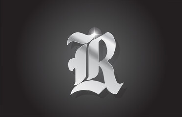 R vintage grey alphabet letter logo icon design. Creative template for company with metal style