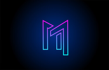 M alphabet letter logo design icon with line. Creative template for company and business in pink blue colors