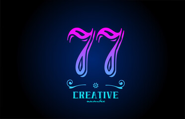 77 pink number logo icon design. Creative vintage template for business and company