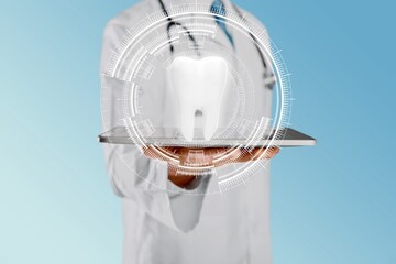 The dentist looks at the hologram of the tooth. Concept for innovative technologies, medicine of...