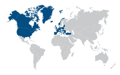 Fototapeta na wymiar World map with NATO member states and allies 