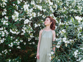 Portrait of young Asian woman standing in white oleander flower forest background, beautiful...