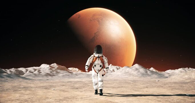 Astronaut Walking On A Planet Surface. Making First Steps. Mars Colonization Concept. Space Related Majestic Scene. Slow Motion.