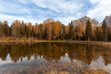 Fototapeta premium Reflection of autumnal larches and firs on Lake Antorno, with Cadini di Misurina in the background, Dolomites, Italy