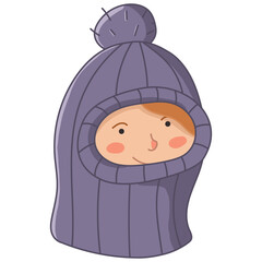 Cute cartoon girl character in purple knitted balaclava hat