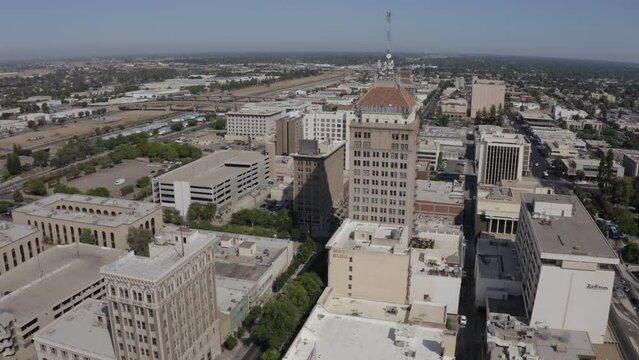Daytime aerial view of the historic downtown district of Fresno, California, USA.