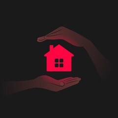 Red house icon and hands carefully protecting it in darkness