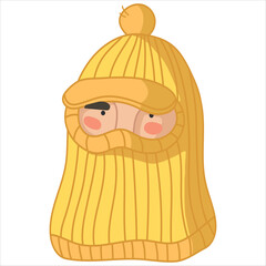 Funny man character in yellow tweed knitted balaclava hat